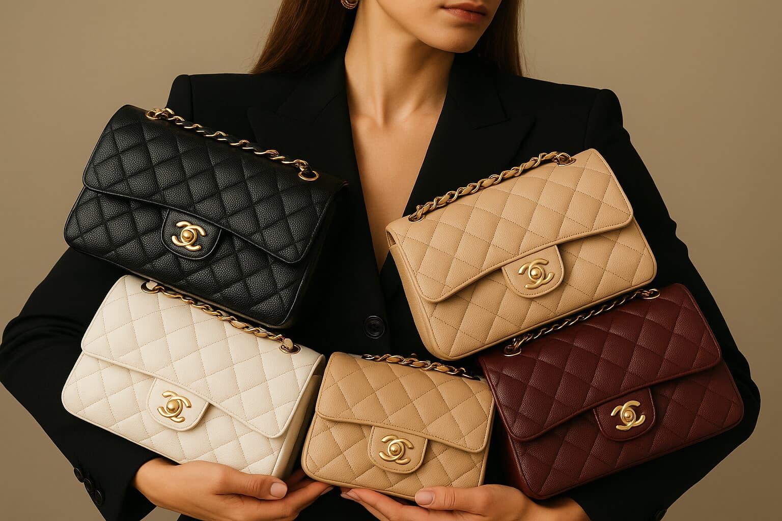 Woman holding handful of Chanel classic quilted handbags