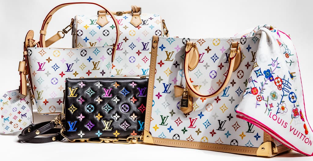 Louis Vuitton x Takashi Murakami multicolor monogram handbags from the early 2000s, illustrating how cultural moments influence resale value over time.