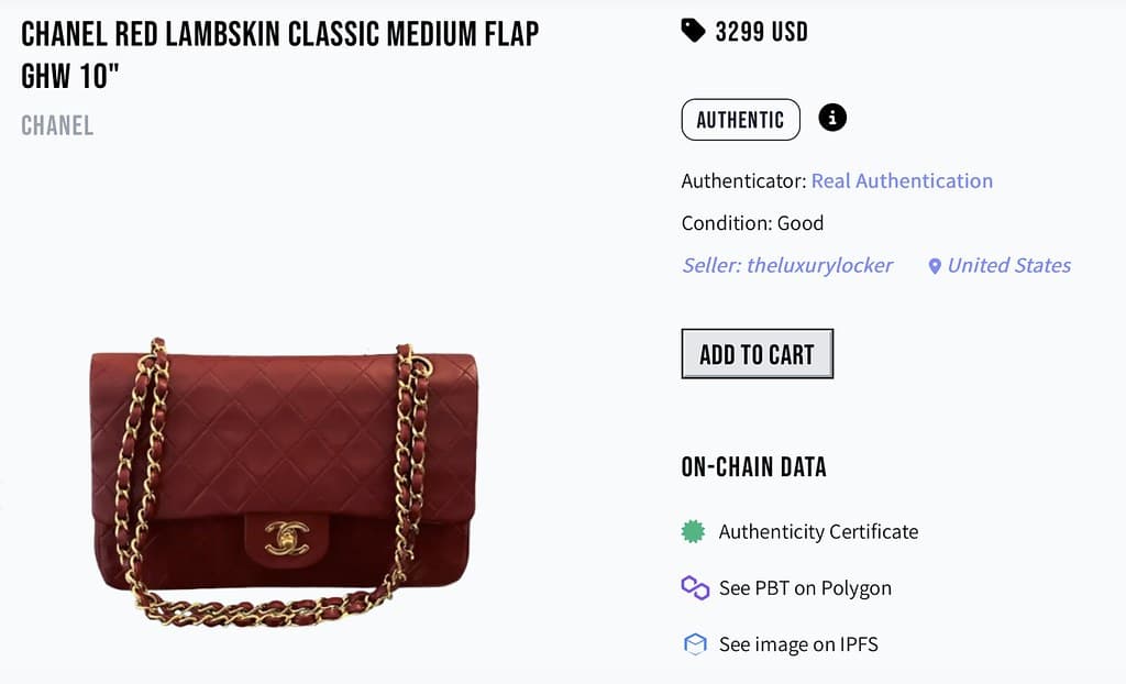 Product detail page on RETRO//VRS showing an authenticated Chanel bag listing with third-party authentication badge, seller information, price, and links to on-chain data including Polygon and IPFS.