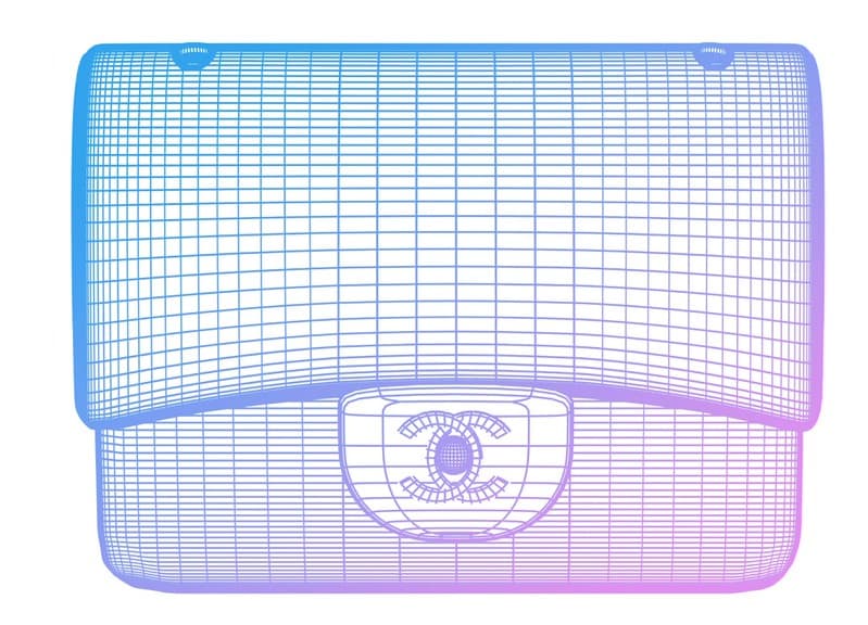 Wireframe Chanel bag with fingerprint-style digital overlay representing blockchain authentication and digital provenance.