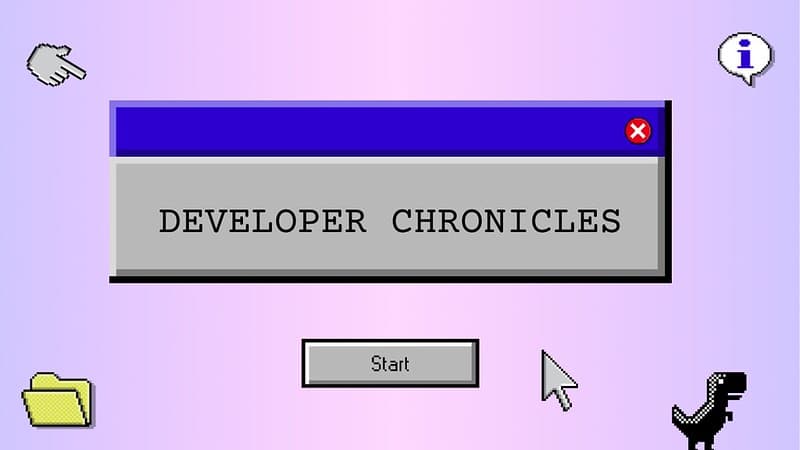 Developer Chronicles banner image with retro-style windows pixel assets