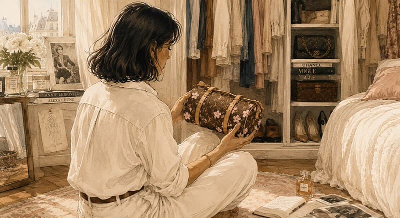Illustration of a dark-haired woman in an ivory outfit reflecting on a brown Louis Vuitton floral bag from her younger years.