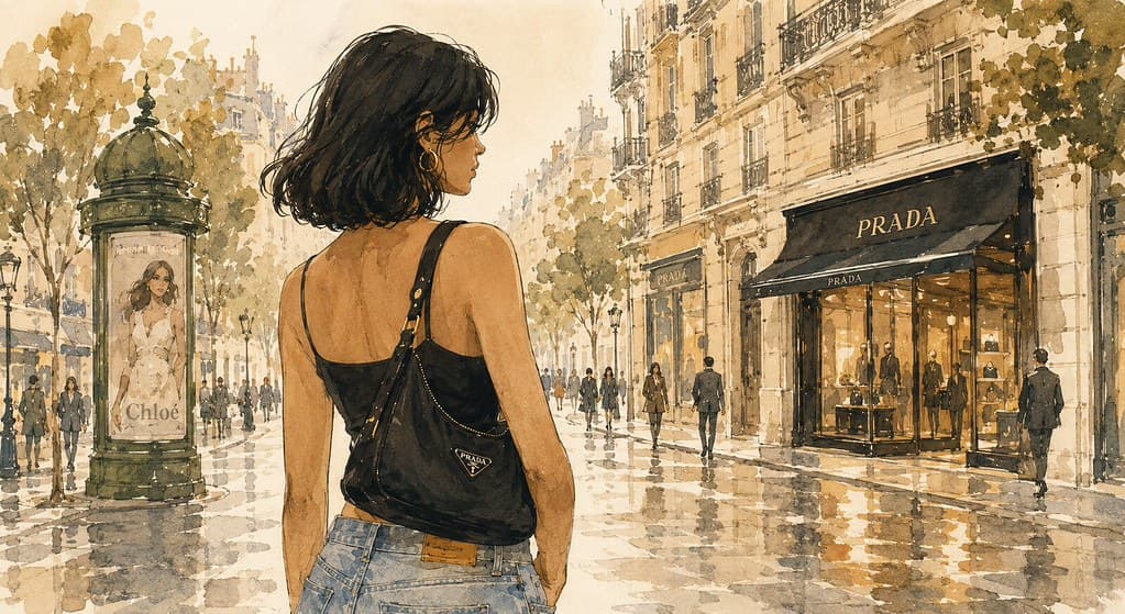 Illustrated woman with a dark bob carrying a black Prada shoulder bag while looking toward a Prada boutique on a rainy street.